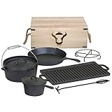 BBQ-TORO 7-teiliges Dutch Oven Set in Holzkiste, Gusseisen, bereits eingebrannt, mit Kochtopf, Stieltopf, Grillplatte, Pfanne, Deckelheber und Untersetzer